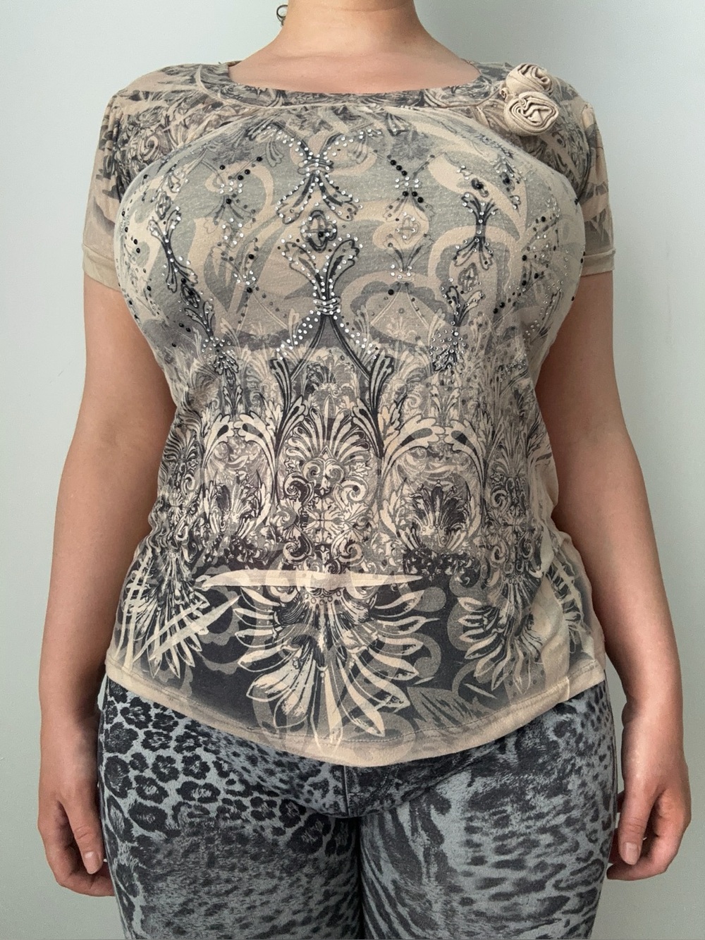 y2k rhinestone grunge t shirt with fabric flowers